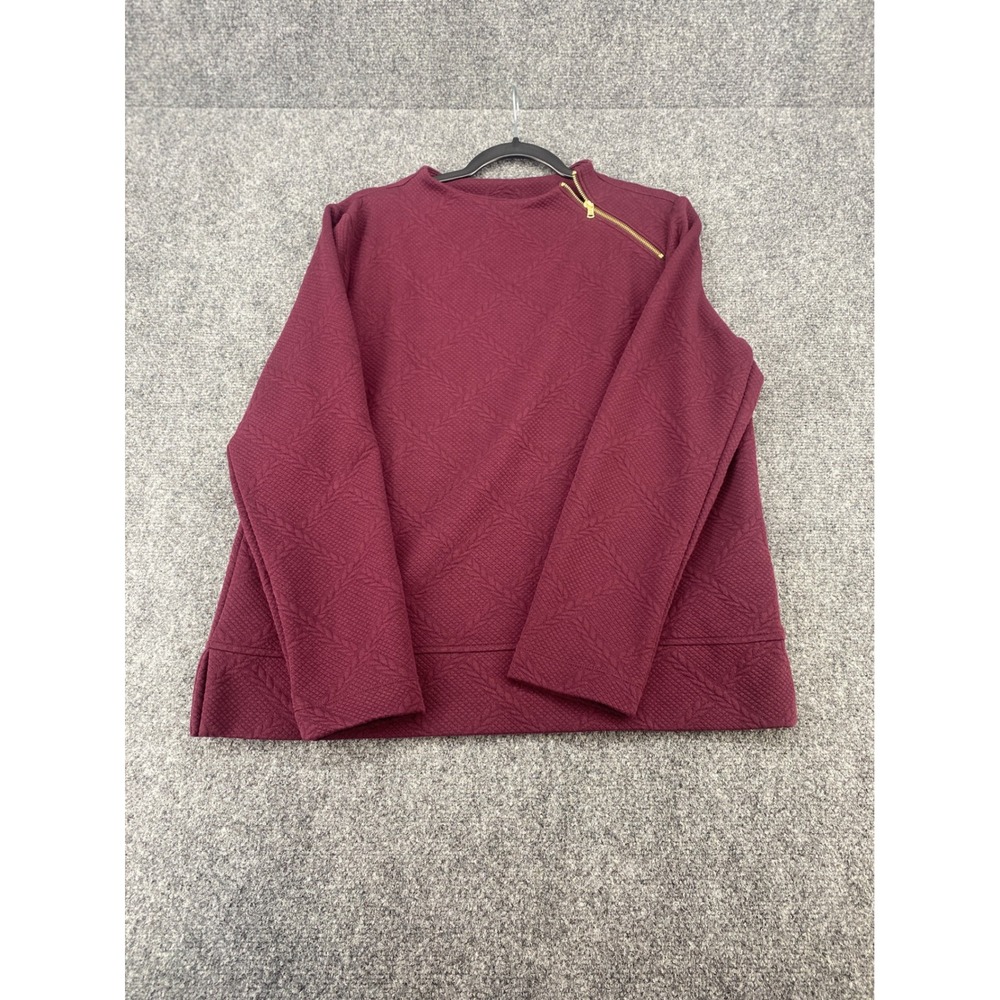 Talbots Quilted Texture Pullover Top Women Large Burgundy Gold Shoulder Zip L
